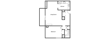 A floor plan of a small apartment with a kitchen, living room, and bedroom.