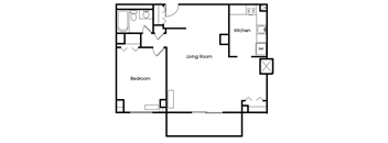 A black and white image of a floor plan for a house with a living room, bedroom, and kitchen.