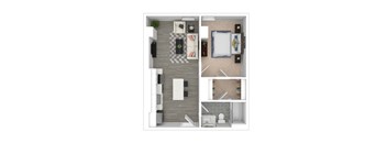 A top-down view of a modern apartment with a kitchen, living room, and bathroom.