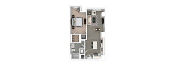A top-down view of a small apartment with a kitchen, living room, and bedroom.