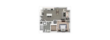 A top-down view of a small apartment with a kitchen, living room, and bedroom.