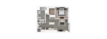 A top-down view of a modern apartment layout with a living room, kitchen, and bedroom.