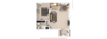 A 3D rendered image of a small apartment layout.