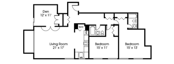 A black and white image of a house floor plan with a den, two bedrooms, a living room, and a bathroom.