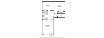 A drawing of a floor plan for a home with two bedrooms, a living and dining area, a kitchen, a bathroom, and two closets.