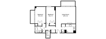 A black and white image of a floor plan for a home with three bedrooms and a living room.
