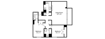 A black and white image of a floor plan for a living room, bedroom, and bathroom.