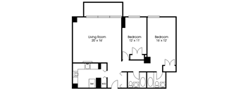 A black and white image of a floor plan for a home with a living room, two bedrooms, and a reference section.