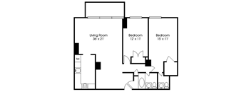 A black and white image of a floor plan for a house with a living room, two bedrooms, and a reference area.