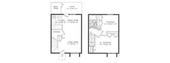 A floor plan of a house with a living room, dining room, kitchen, bedrooms and a mech. room.