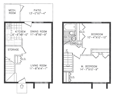 A floor plan of a house with a living room, dining room, kitchen, bedrooms and a mech. room.