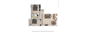 A floor plan of a two-story apartment with a living room, kitchen, and bathroom on the first floor, and a bedroom with a balcony on the second floor.