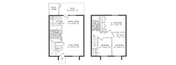 A floor plan of a two-bedroom apartment with a living room, dining room, kitchen, and bathroom.