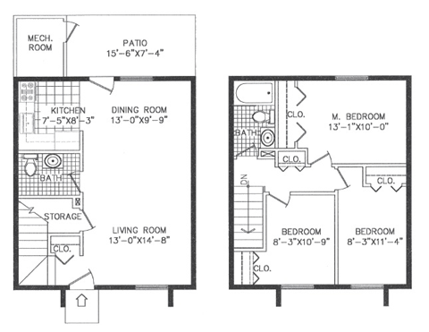 A floor plan of a two-bedroom apartment with a living room, dining room, kitchen, and bathroom.
