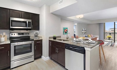 A modern kitchen with dark brown cabinets and stainless steel appliances.