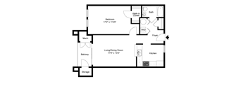 A floor plan of a house with a kitchen, living room, and bathrooms.