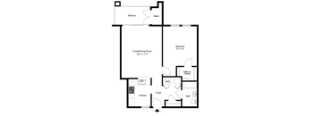 A floor plan of a house with a living room, dining room, kitchen, and bathrooms.