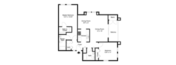 A floor plan of a house with a master bedroom, dining room, and kitchen.