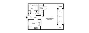 A floor plan of a house with a kitchen, living room, and bathroom.