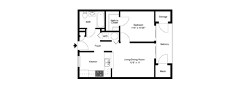 A floor plan of a house with a kitchen, living room, and two bathrooms.