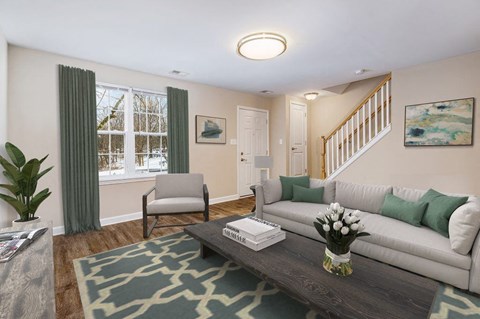 A living room with a grey couch, a coffee table, and a plant.