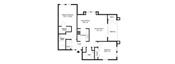 A floor plan of a house with a master bedroom, two dining rooms, a kitchen, a foyer, a bath, and a balcony.