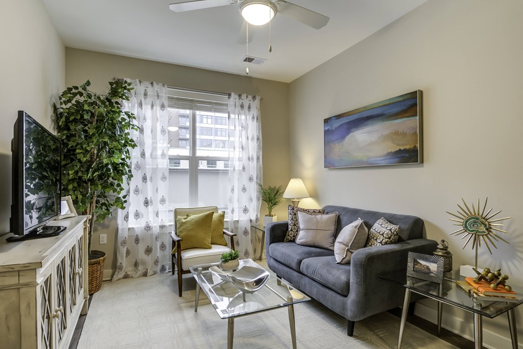A living room with a grey couch, a television, a plant, and a painting on the wall.