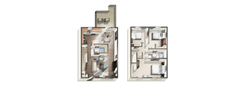 A floor plan of a two-story apartment with a living room, kitchen, and bedrooms.