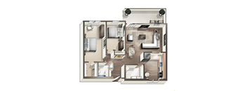 A floor plan of a house with a kitchen, living room, and two bedrooms.