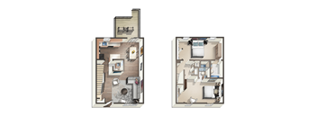 A floor plan of a two-story house with a staircase and a kitchen.