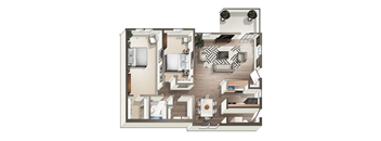 A floor plan of a house with a kitchen, living room, and two bedrooms.