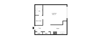 A floor plan of a small apartment with a living room, kitchen, bathroom, and closets.