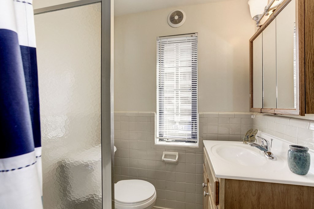 A bathroom with a toilet, sink, and shower.