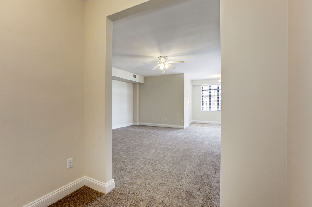 A room with a carpeted floor and a ceiling fan.