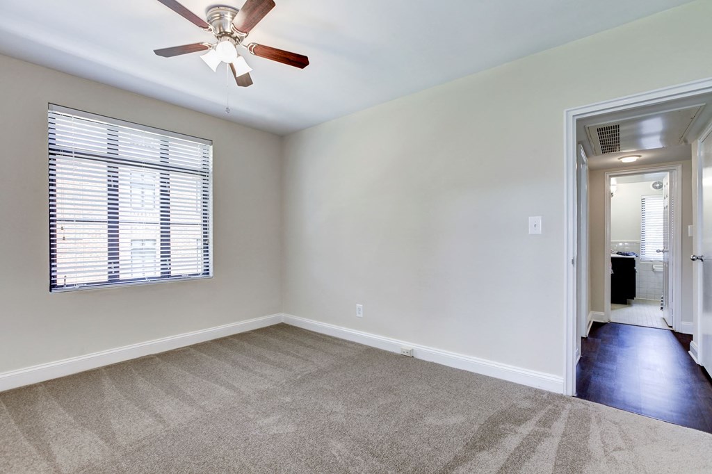 A room with a ceiling fan and carpeted floor.