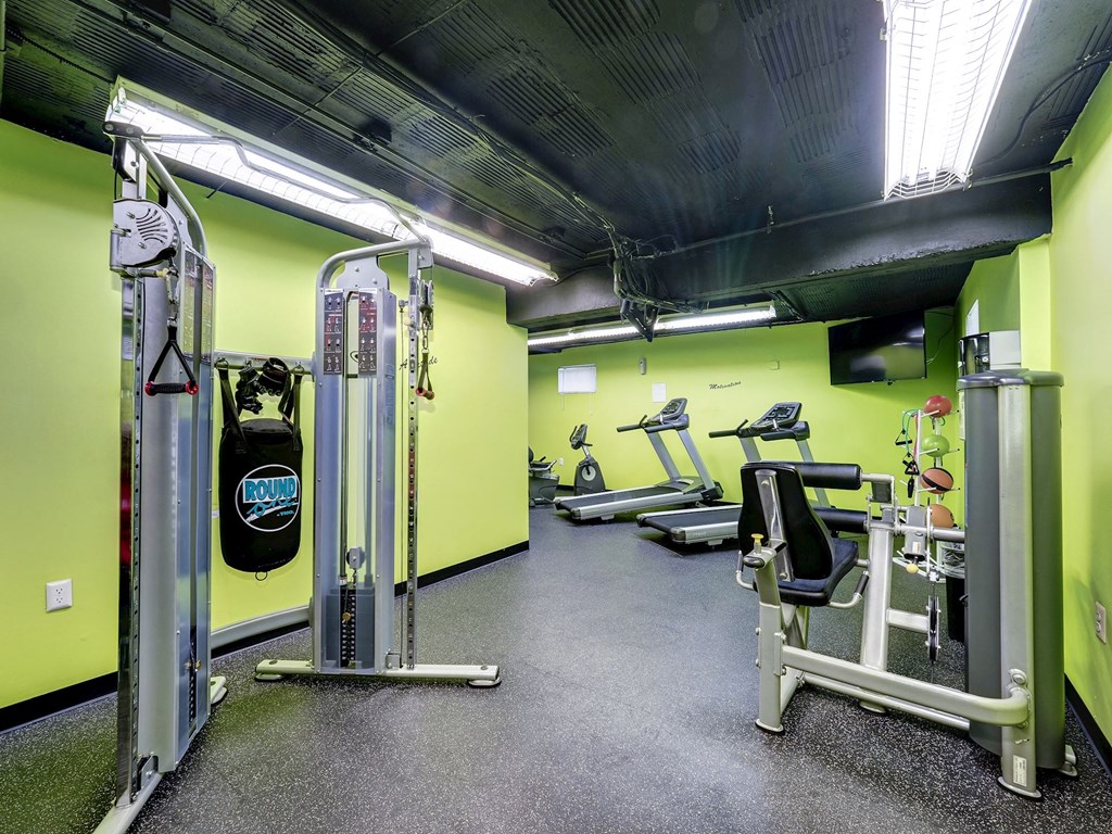 A gym with a green wall and a variety of equipment.