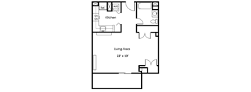 A floor plan of a living area with a kitchen.