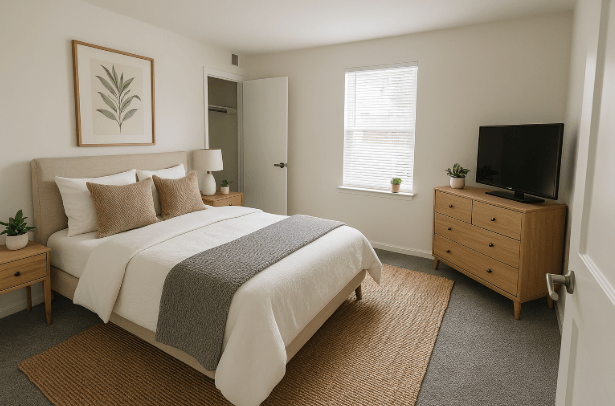 A bedroom with a large bed and a television on a stand.