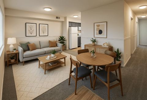 A living room with a grey sofa, a wooden table and chairs, and a framed picture on the wall.