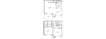 A floor plan of a two-story house with a living room, dining room, kitchen, two bedrooms, a bathroom, a walk-in closet, and a storage area.