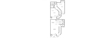 A floor plan of a two level home with a living room, dining room, kitchen, two bedrooms, a bathroom, and a walk-in closet.