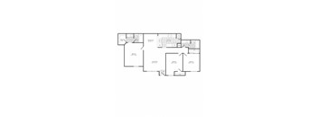 A floor plan of a house with a garage, living room, dining room, kitchen, and two bathrooms.