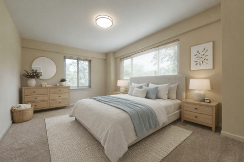 A bedroom with a bed, nightstands, and a round mirror on the wall.