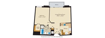 A floor plan of an apartment showing a bedroom, living/dining room, kitchen, and bathroom.