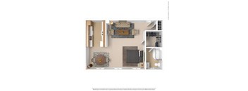 A floor plan of a small apartment with a kitchen, living room, and bathroom.