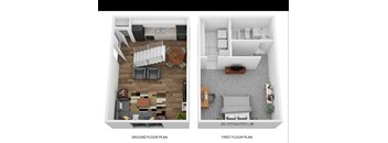 a stylized floor plan with a bedroom and a living room