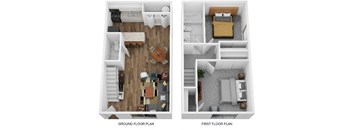 a stylized floor plan with a bedroom and a living room