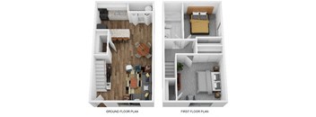 a stylized floor plan with a bedroom and a living room