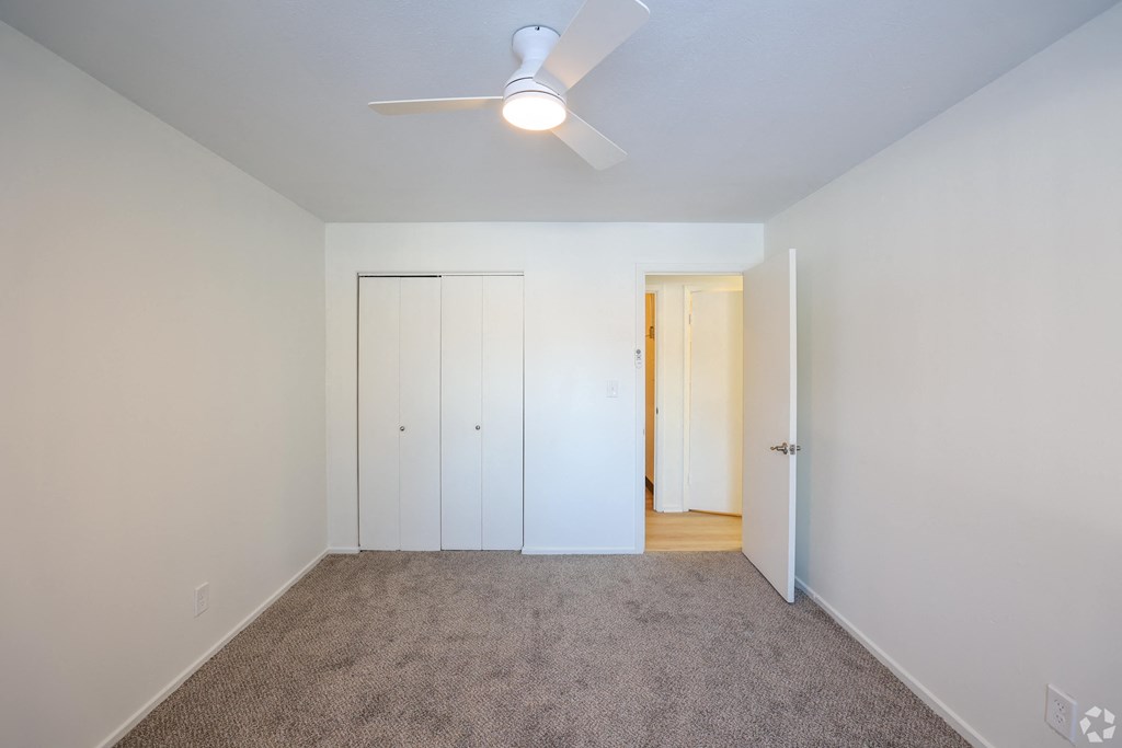 A room with a ceiling fan and carpeted floor.