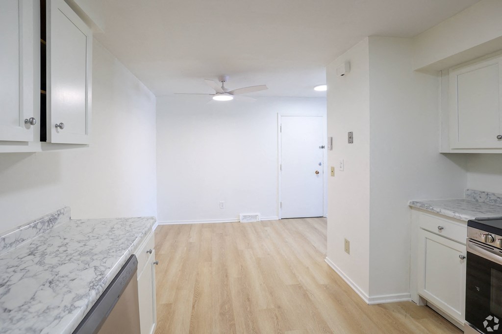 A kitchen with white cabinets and a marble countertop.
